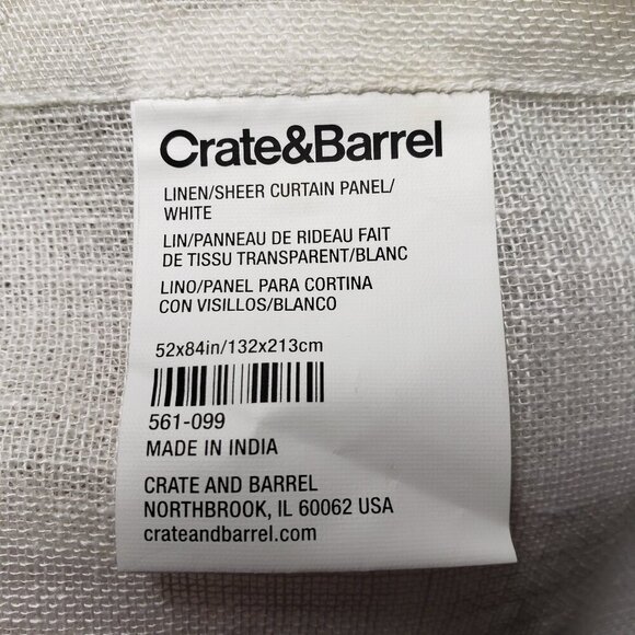 Crate & Barrel Linen Sheer Curtain Panel White 52" x 84" Rod Pocket Drape Single - Picture 2 of 5